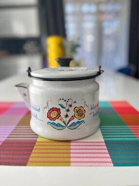 VTG Berggren Swedish enamelware teapot featuring floral folk art and rosemaling